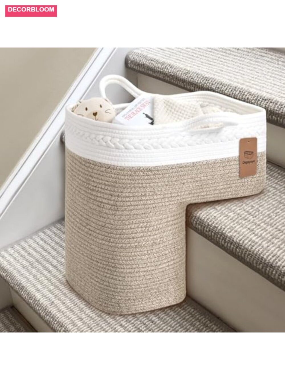 Cotton Woven Stair Basket with Handles, Large Toy Storage for Stairs, Foldable, - Picture 1 of 6